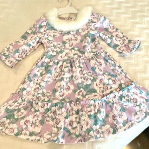 Janie and Jack Purple Floral Dress with White Faux Fur Collar & Purple Leggings